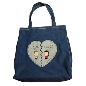 Angry Little Girls Dark Blue Canvas Tote with Heart Patch Graphic